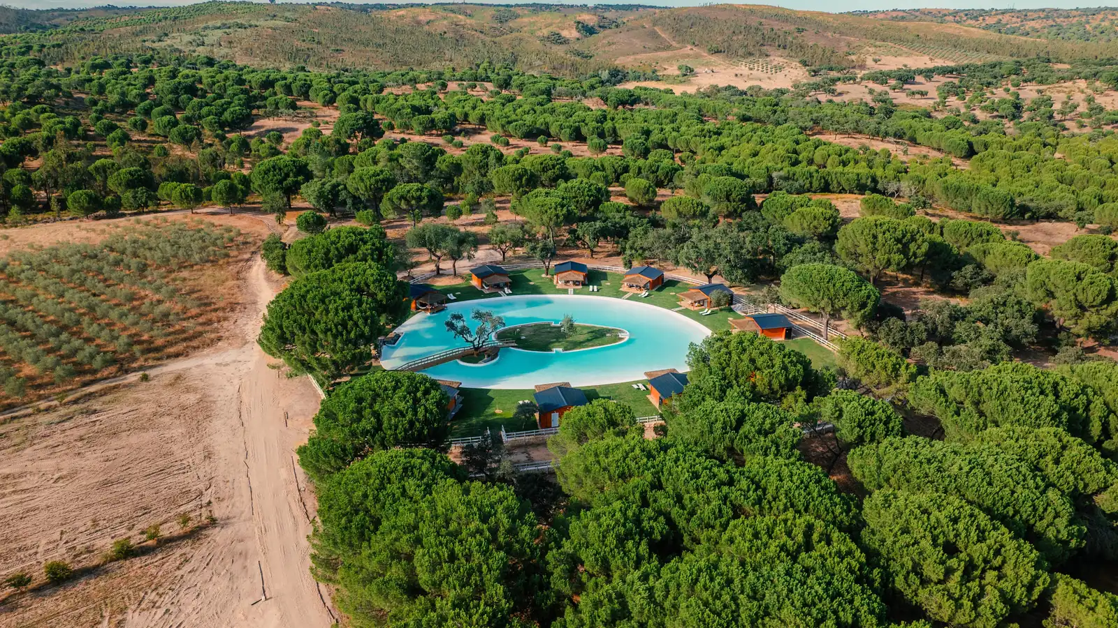 Aerial view of Chalet do Lago among the pine forest